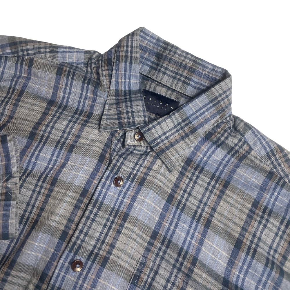 Calder Carmel Large 100% Cotton Blue Plaid w/Tan Long Sleeve Button Down‎